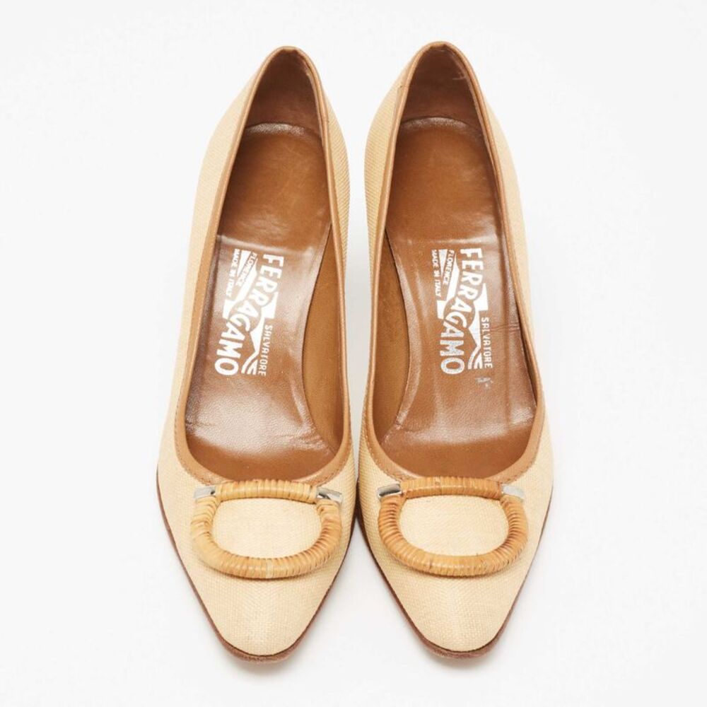 Salvatore Ferragamo Beige/Brown Woven Canvas And Leather Pumps Size 37.5 - Picture 3 of 4